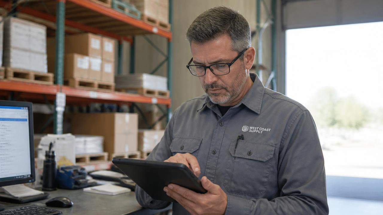 Warehouse office employee checking an order workflow on a tablet