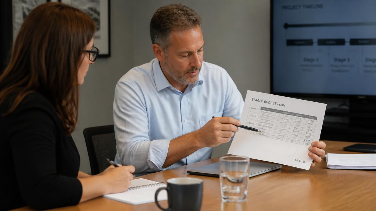 Project lead reviewing a staged budget plan at a meeting table