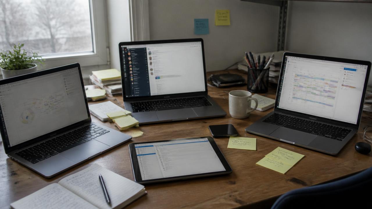 Desk with several open laptops showing different disconnected applications